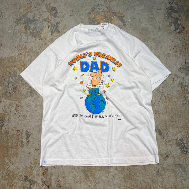 古着 世界最高のお父さん/"and he owes it all to his kids!"/ヴィンテージ シングルステッチ プリントTシャツ/サイズ2XL相当