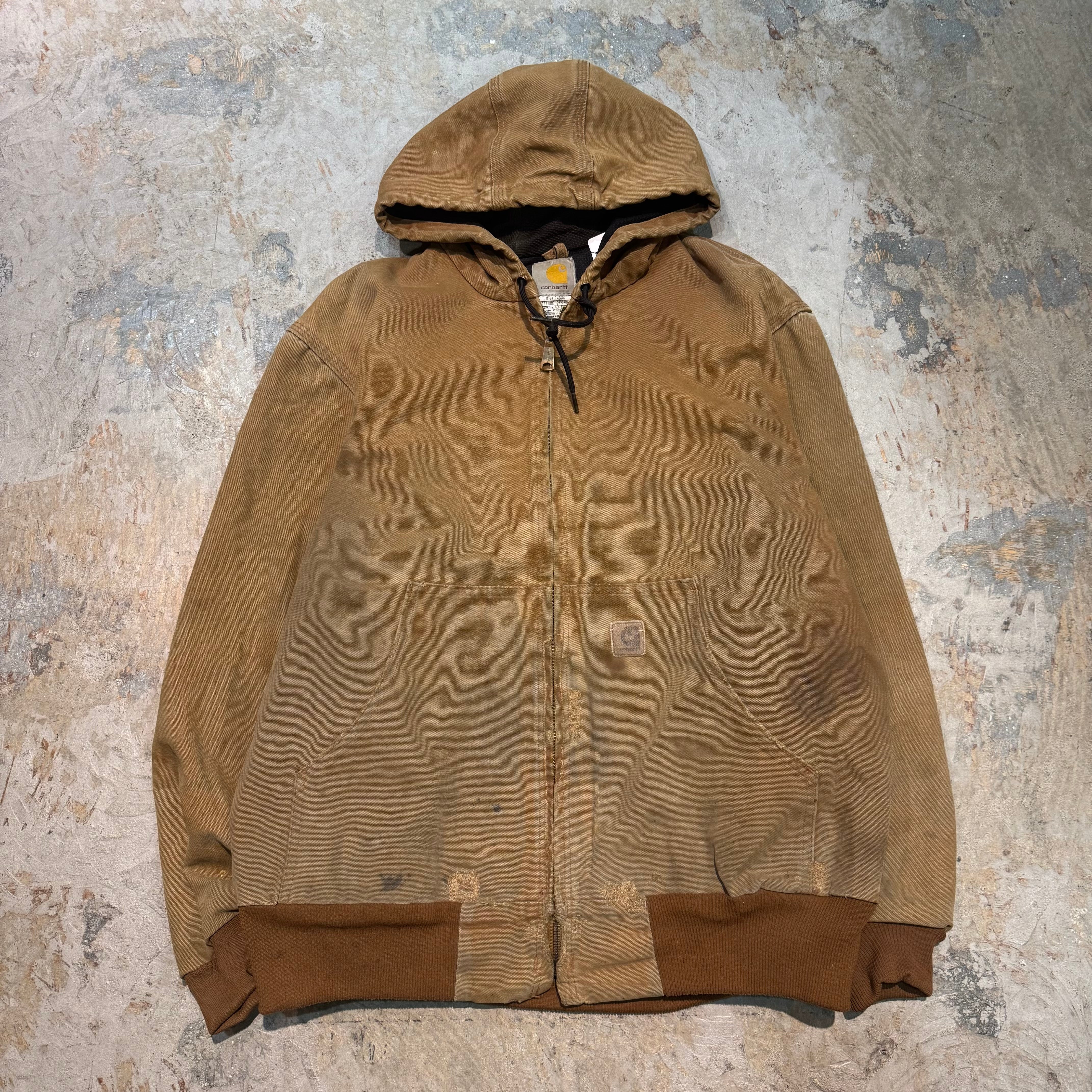 USA古着　ワークジャケット　M　ダック地　ブラウン　フリース裏地　フード付き 80s~90s USA製 Carhartt カーハート ダック地 ワークジャケット